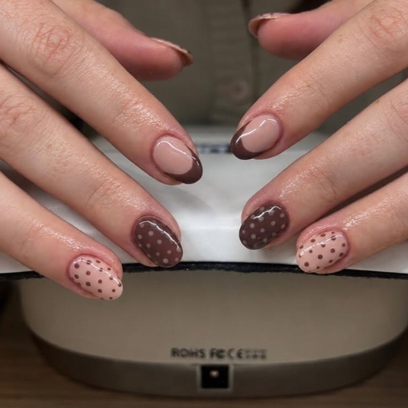 Brown and nude French tips with polka dots