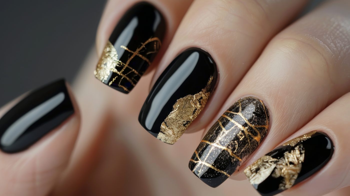 Black and gold foil nail art