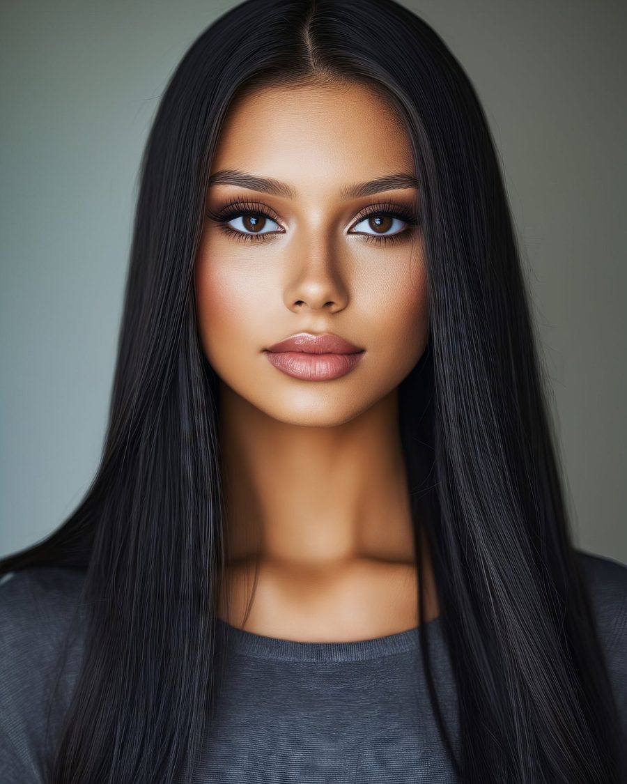 Long, sleek, glossy dark hair with a centre parting